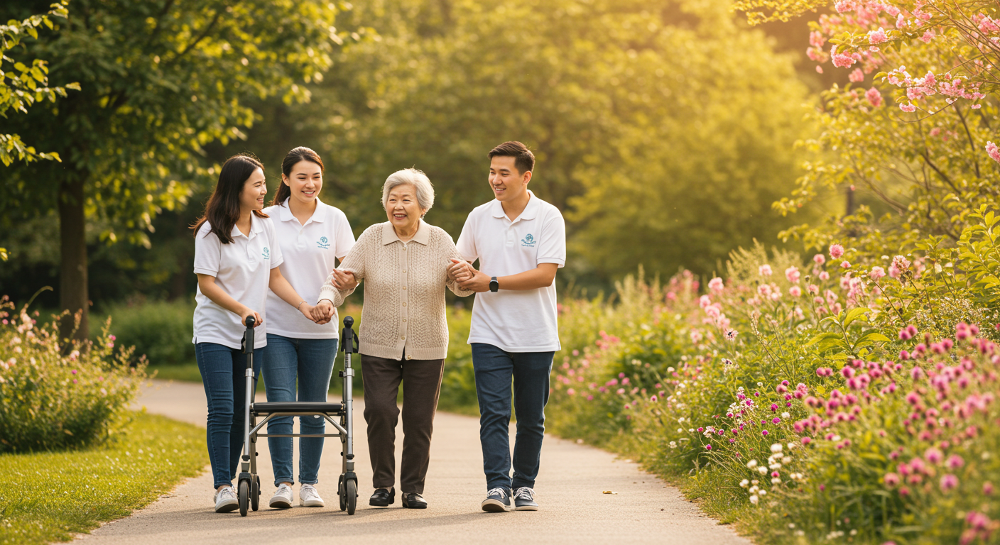 Happy senior using mobility aids